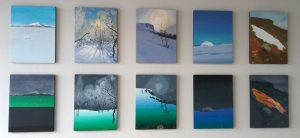 Two rows of five paintings each. Top row showing snowy landscapes, bottom row similar composition but brightly-colored snow